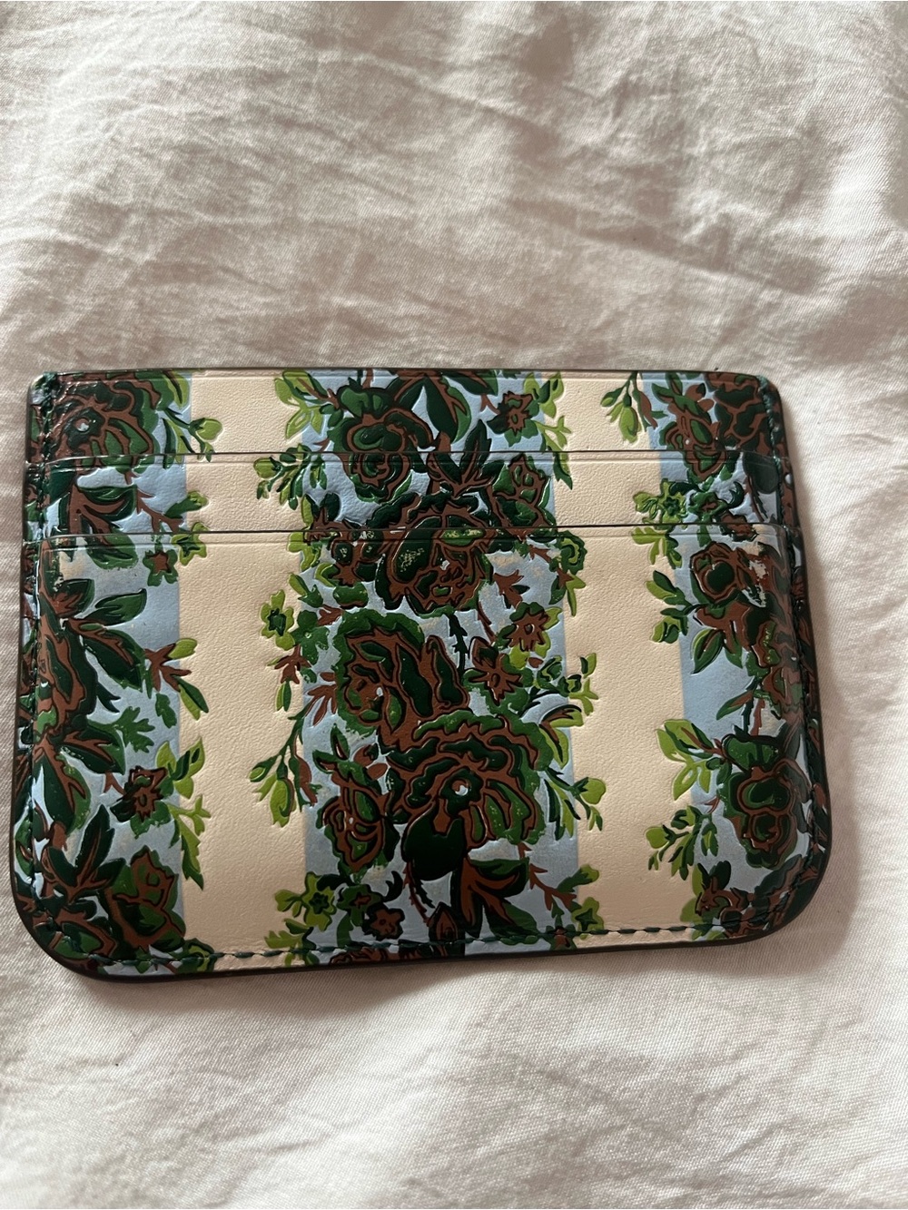 Tory Burch Green, Blue & Cream Floral Stripe Card Case with Gold Logo - Picture 2 of 2